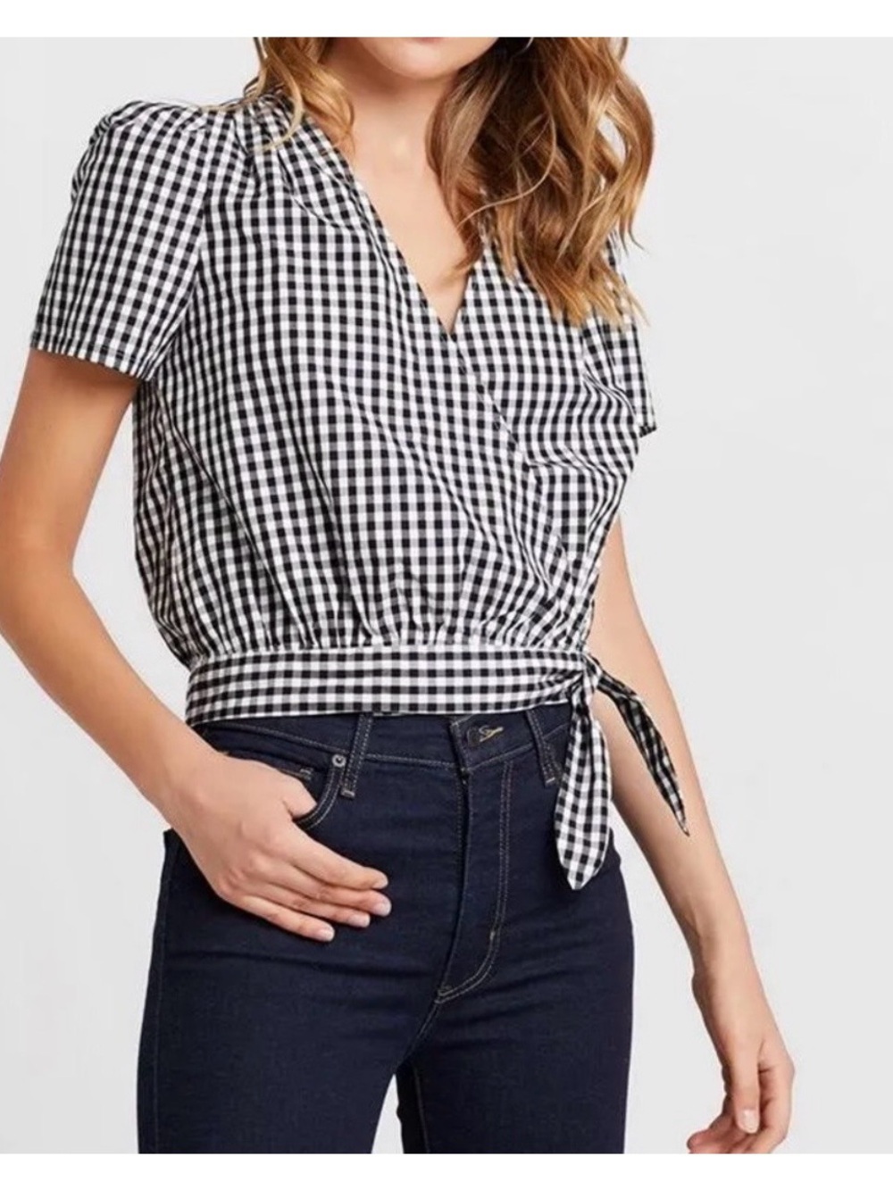 Madewell Gingham Wrap Tie Short Sleeve Top - Black/White